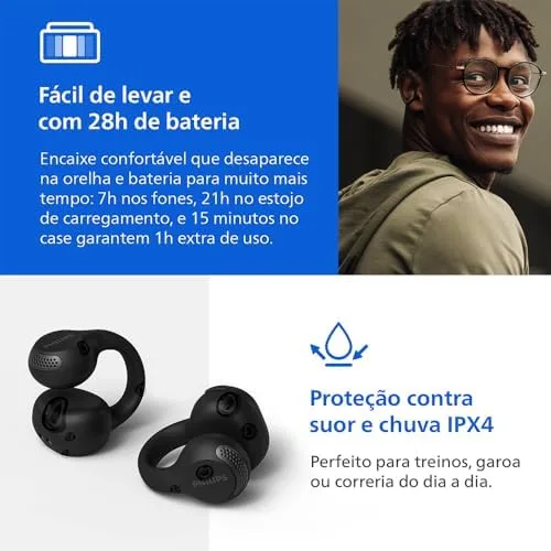 PHILIPS, Fone de Ouvido Sem Fio TWS, TAQ2000BK/00, Bluetooth, Design Aberto Ear-Clip, Com Microfone, Até 28 horas de bateria, iPX4, Preto