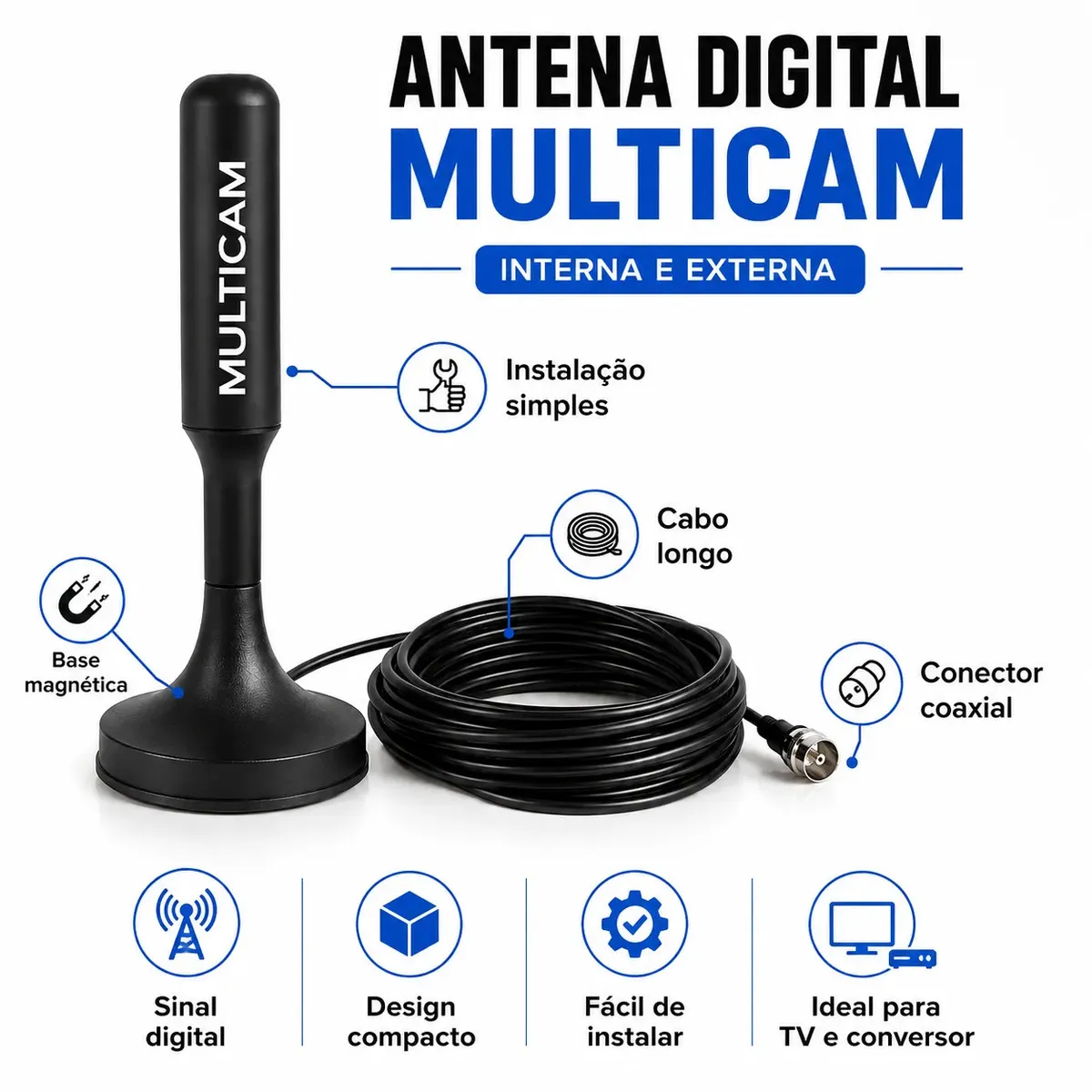 Antena Digital Hdtv Interna Externa 4k Cabo Coaxial Tv Aberta Multicam Preto