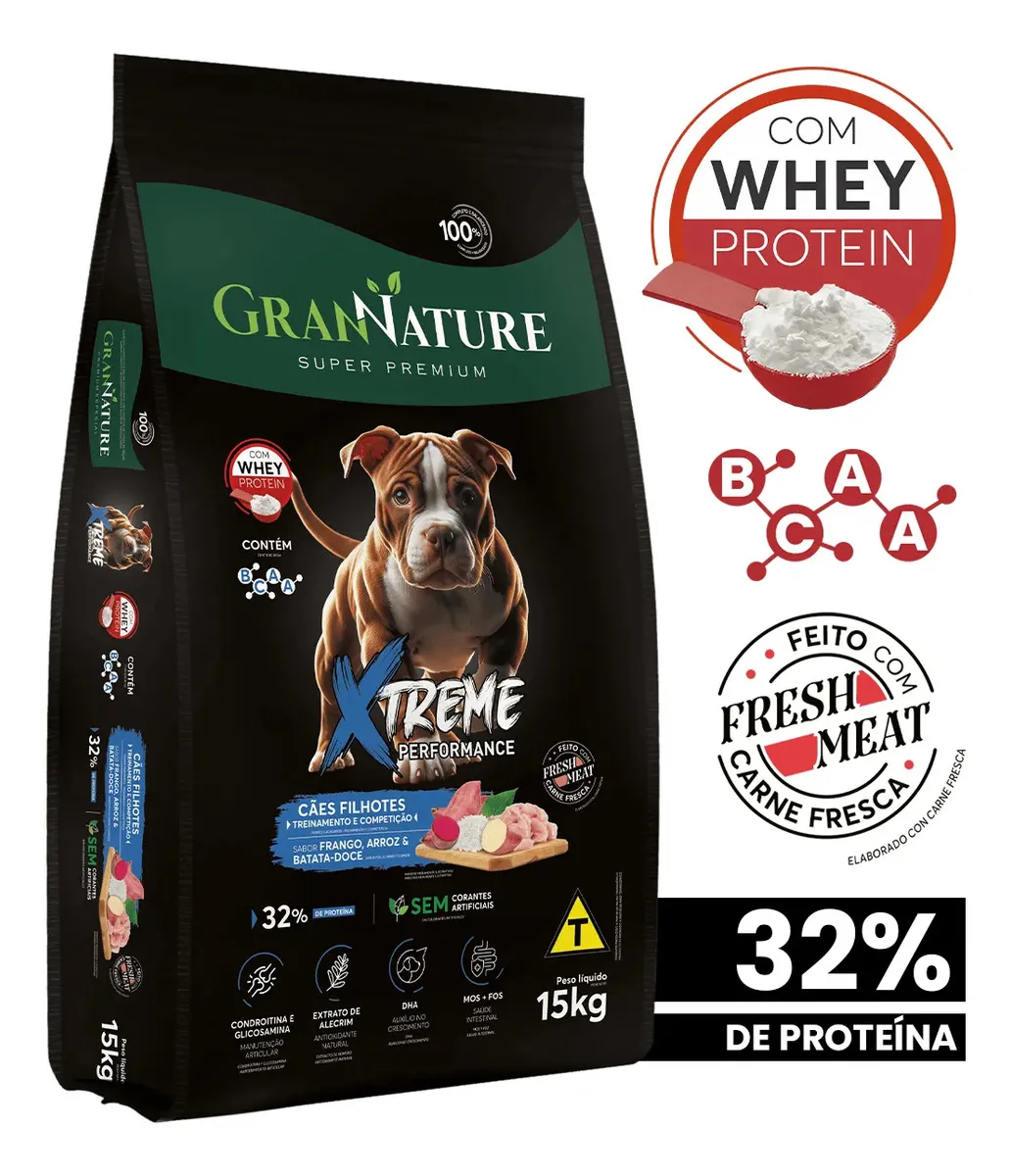Ração Grannature Super Premium Para Filhote De Porte Médio E Grande Com 32% Proteína E Whey Protein Sabor Frango 15 Kg