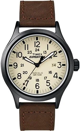 Timex Relógio masculino Expedition Scout de 40 mm – caixa preta e mostrador com pulseira deslizante de couro oliva