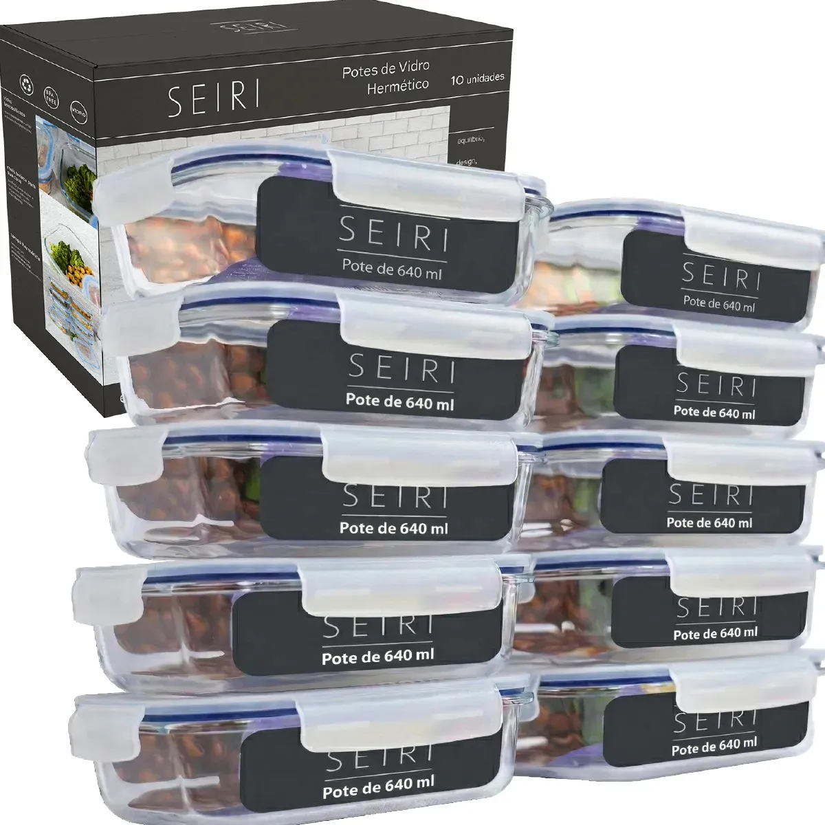 Kit 10 Pote De Vidro Marmita Hermético 640ml Freezer Fitness