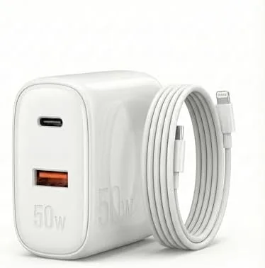 Carregador 50W + Cabo Compatível i.Phone, i.Phone X Xr 8 11 12 13 14 Plus Pro Max i.Pad, Carregamento Ultra Rapido, Fonte USB-C, Carga Rápida, Produto Homologado Anatel