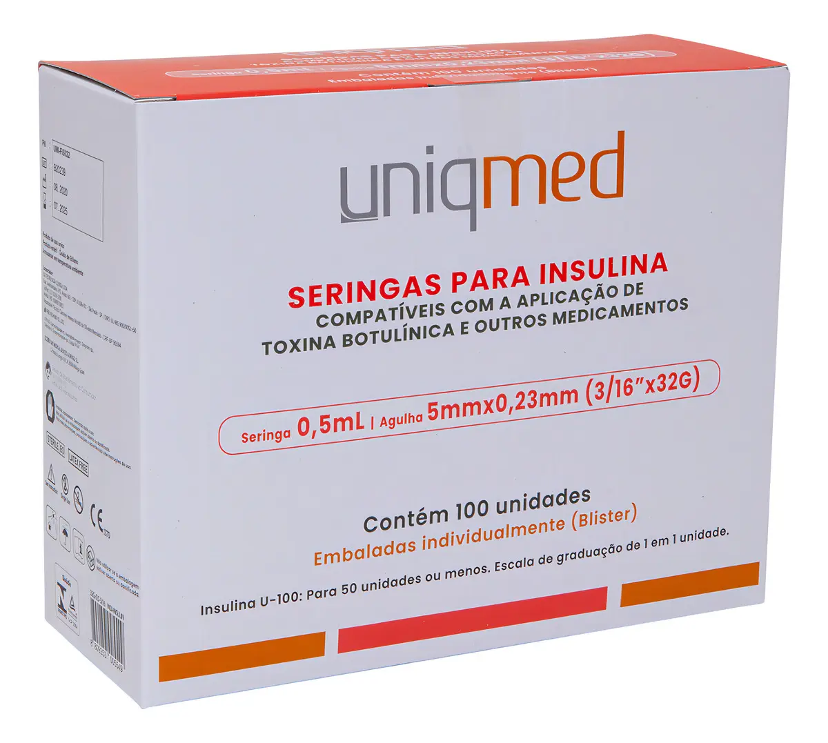 Seringa Insulina Uniqmed 0,5ml 5mmx0,23mm 32g 100 Unidades 0.5 Ml