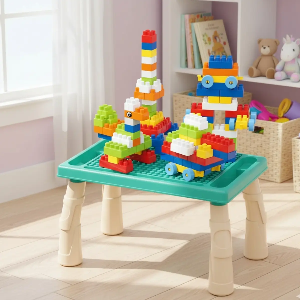 Mesa De Blocos Mesinha Atividades Infantil Didática 100peças Verde