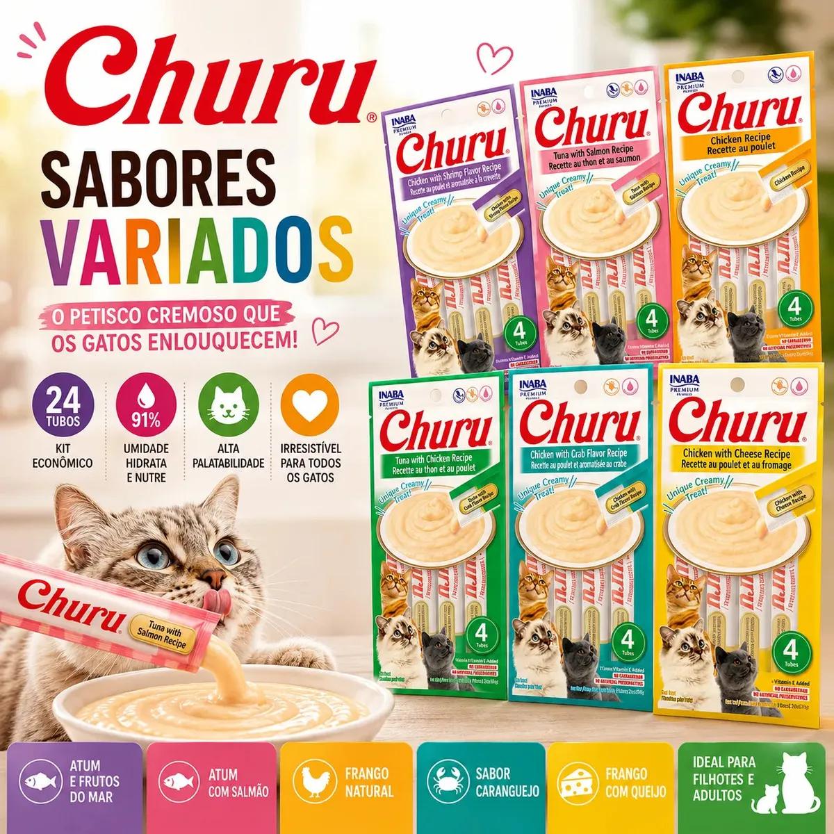 Churu Para Gatos Petisco Úmido Cremoso 6 Sacos Sabor Variado (24 Tubos) Alta Palatabilidade, Misturar Com Ração, Rico Em Proteína, Cálcio, Baixa Caloria, Sem Grãos, Hidrata Filhotes E Adultos