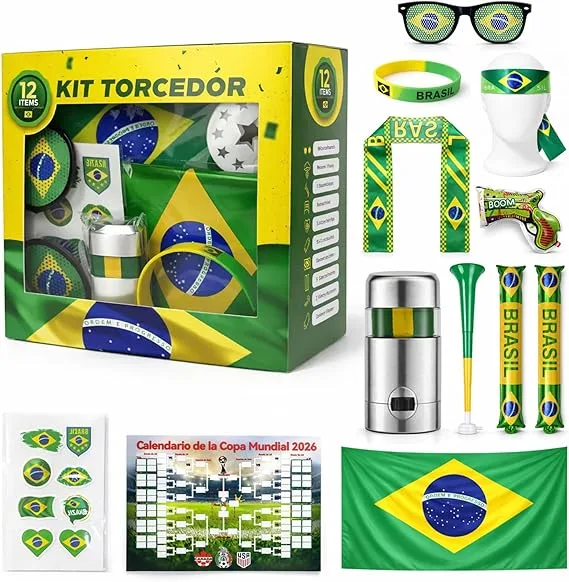 Kit Torcedor Brasil Copa do Mundo 2026 Completo 12 Peças – Bandeira 150x90cm, Corneta Retrátil, Pintura Facial, Tatuagem, Óculos, Pulseira, Bastões – Ideal para Festas e Churrasco