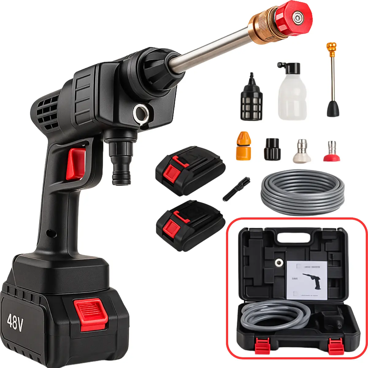 Lavadora Lava Jato Portátil Alta Pressão 2 Baterias Recarregáveis 48v Sem Fio Maleta Preto 50 Hz X 60 Hz 127/220v