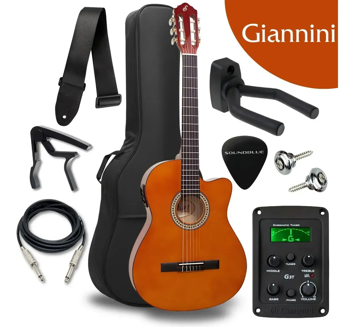 Kit Violao Giannini Eletroacustico Corda Nylon Destro Flat Cutaway Profissional Eletrico Acustico Estudo Iniciante... Bordo