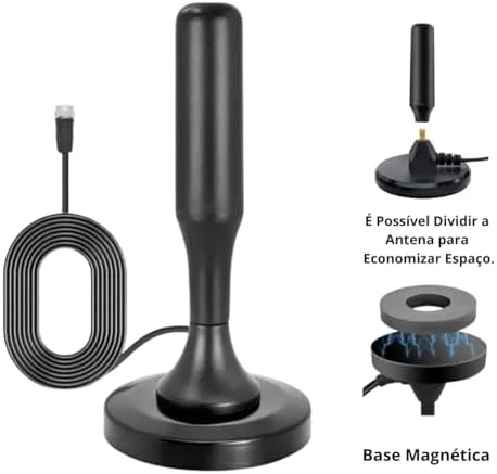 Antena Digital Interna e Externa para TV - HDTV 4K UHF VHF Smart TV, Led, LCD, 3D, Cabo 5 Metros, Com Base de Imã e Resistente a Água