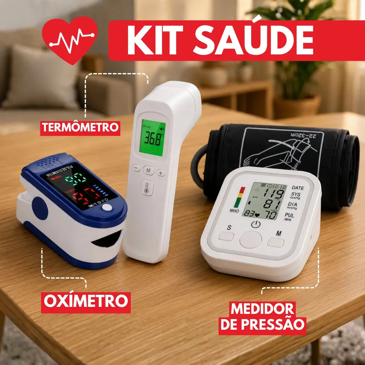 Kit Saúde 3 Em 1 Aparelho De Pressão Arterial Digital + Oxímetro De Dedo + Termômetro Infravermelho Testa Sem Contato Medidor Sinais Vitais Portátil Bpm Saturação Oxigênio Combo Branco