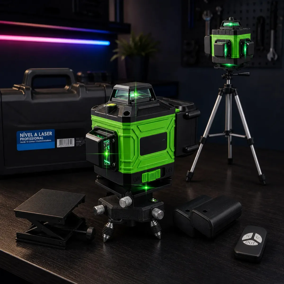 Kit Nível A Laser 12 Linhas Verde 3d 360° Esquadro Autonivelante Profissional Com 2 Baterias Recarregável + Tripé Ajustável Alta Precisão Construção E Obras Com Maleta Marca Joyecomm