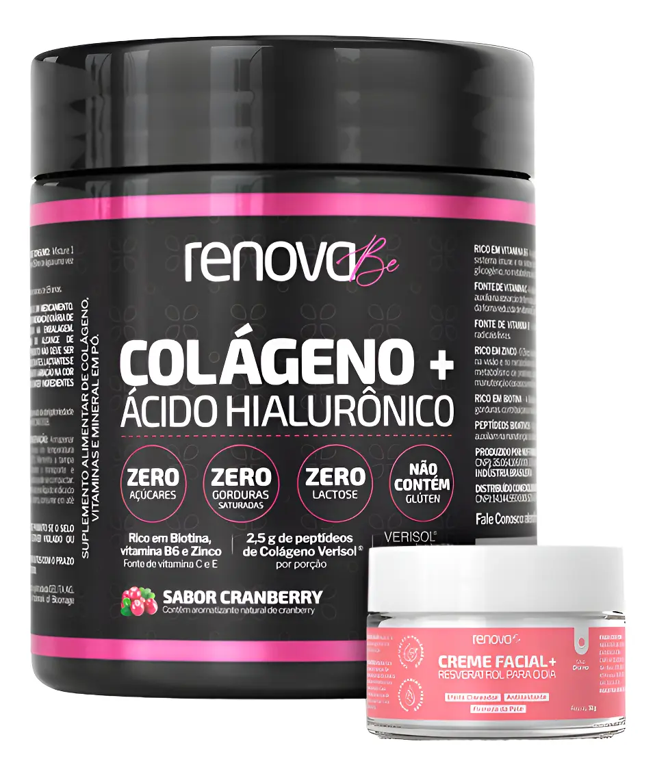 Colágeno Verisol + Ácido Hialurônico Cranberry Renova Be Colágeno Hidrolisado Vitamina E, C, Vitamina B6, B7 Biotina Zinco