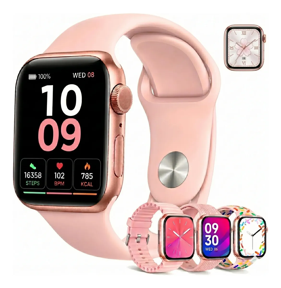 Relógio Smartwatch Mulhe Inteligente Feminino Esportivo Bluetooth Rosa A11 Quatro Pulseiras Mesh