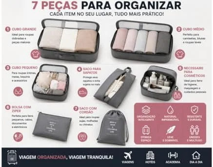 Kit Organizador de Mala 7 Peças Impermeável Organizador de Bagagem para Roupas Sapatos e Cosméticos Necessaire de Viagem Dobrável Compacta Alta Capacidade Multiuso Unissex para Viagens (PRETO)