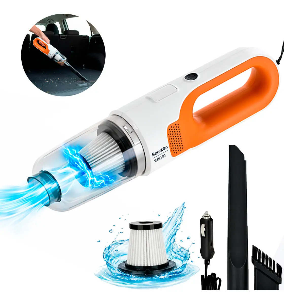 Aspirador De Pó Automotivo Portátil Potente 180w Com Filtro Hepa E Cabo De 4,0m Para Carro Caminhão Caminhonete Laranja 12v