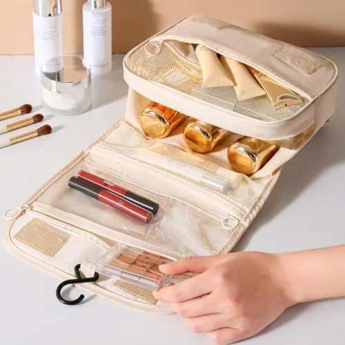 Bolsa Necessaire Maquiagem Cosméticos Viagem Com Divisória e Cabide para Pendurar Organizador de Maquiagem Shampoo Perfumes Higiene Pessoal (Preto)