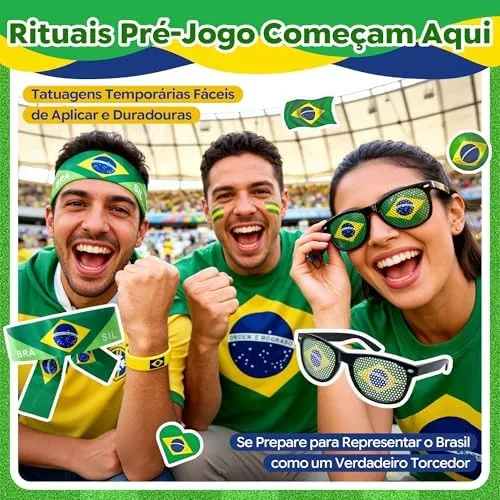 MBOX Kit Torcedor Brasil Copa 2026 12 Peças – Fantasia Completa com Faixa Cabeça, Óculos, Bandeira 150x90cm, Bastões Infláveis, Corneta, Tinta Facial e Lança Confete – Festa Churrasco