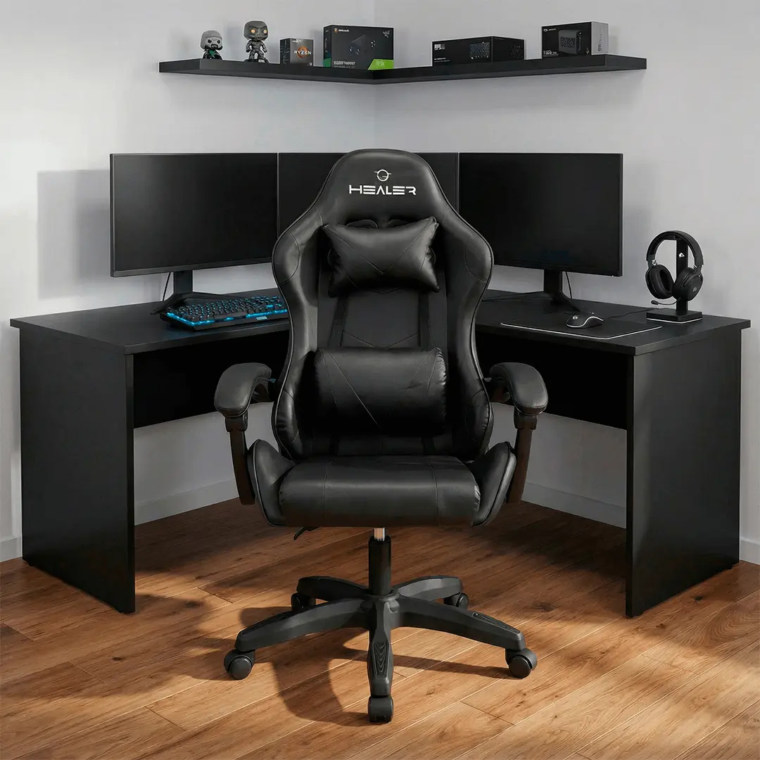 Cadeira Gamer Wells Preta Healer Preto Couro Sintético