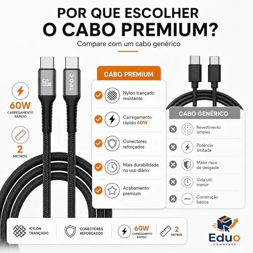 Cabo USB-C para USB-C 2 Metros 60W Turbo Carregamento Rápido — Nylon Trançado Reforçado Compatível iPhone 15/16 Samsung Galaxy Xiaomi MacBook Notebook Tablet — Preto/Branco