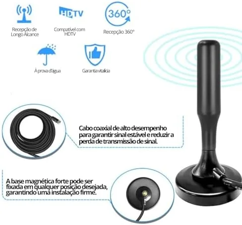 Antena Digital Interna e Externa para TV - HDTV 4K UHF VHF Smart TV, Led, LCD, 3D, Cabo 5 Metros, Com Base de Imã e Resistente a Água