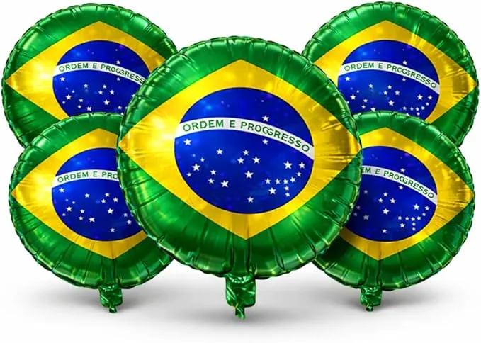 Balão Metalizado Bandeira do Brasil 18" 45cm Kit com 10 Unidades Decoração Copa do Mundo Futebol Festa Verde e Amarelo