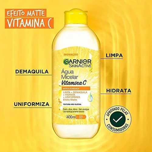 Garnier SkinActive, Água Micelar Antioleosidade com Vitamina C, Remove a Maquiagem e Ilumina a Pele com Ação Hidratante, Tonificante e Fórmula Oil Free, 400ml