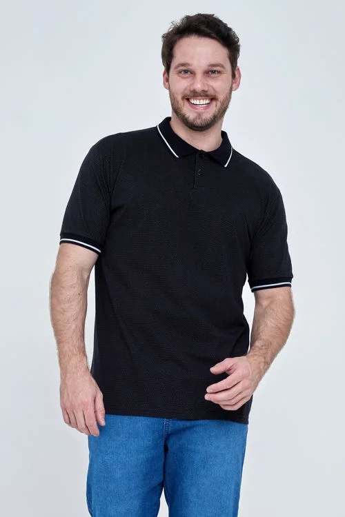 Polo Masculina Preta Microtextura e Listras