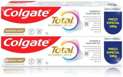 Colgate Creme Dental Total Original Mint 2x180g | Prevenção Ativa, Anticárie com Flúor, Combate o Mau Hálito