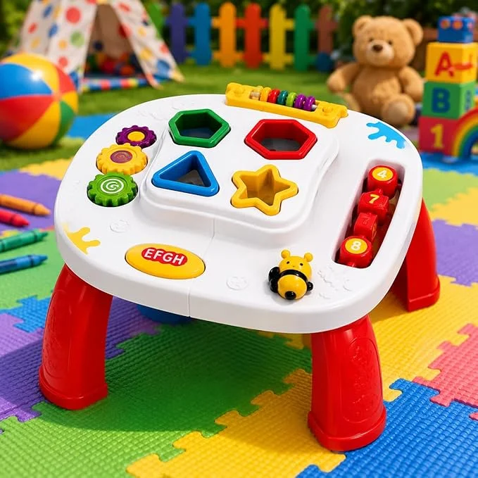 Mesinha Didática Infantil com Atividades – Brinquedo Educativo Sensorial com Formas de Encaixe, Engrenagens e Som – Coordenação Motora 12 Meses+