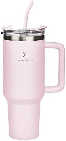 Romantic Crown Copo Térmico com Canudo Tampa e Alça 1,18L, Copos Garrafas Termico para viagem vácuo dupla camada aço inoxidável, Caneca Termica Cafe Água Chá,Presente, Fitness (Rosa claro)