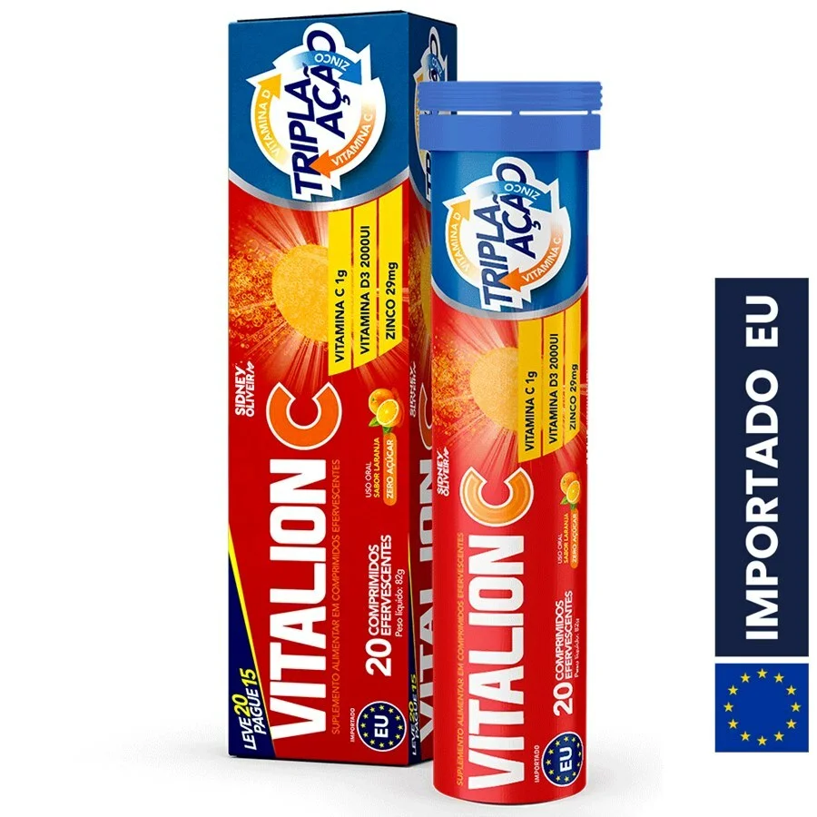 Vitamina C 1000Mg + Zinco 29Mg + D3 2000Ui Vitalion Tripla Ação 20 Comprimidos Efervescentes União Europeia Sidney Oliveira