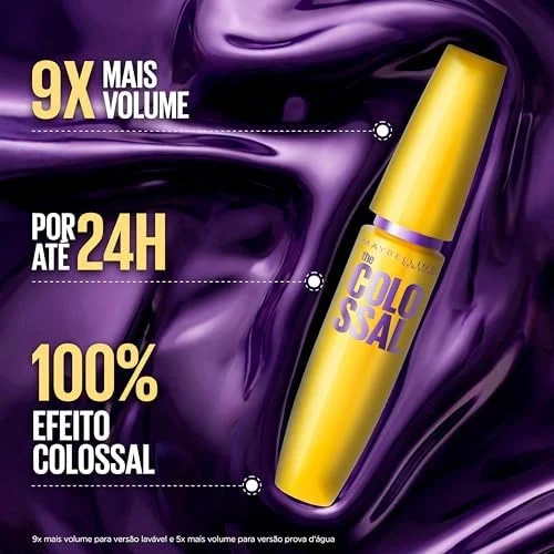 Maybelline NY The Colossal Volum' Express, Máscara de Cílios Lavável, 9x mais Volume por até 24h, Fórmula com Colágeno para Definição Intensa, Não Empelota, Cor Preto, 8ml