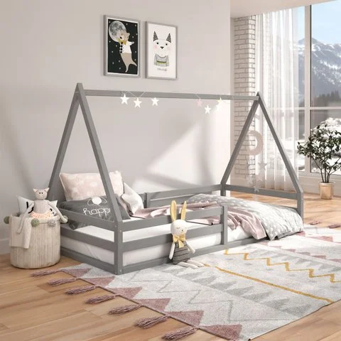 Cama Montessoriana Madeira Maciça Casa Estrado Sila Cinza Idimex