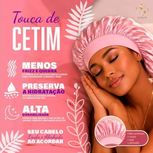 Touca de Cetim com Faixa Elástica Larga Anti Frizz Para Dormir Confortável - Tamanho Grande - Todos os Tipos de Cabelo Liso Crespo Ondulado Cacheado Longos Black Power - Material Premium