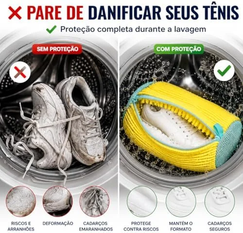 Bolsa para Lavar Tênis na Máquina com Proteção Reforçada, Saco Lavável para Calçados, Rede Anti Impacto para Lavadora, Reutilizável, Preserva Formato, Limpeza Profunda e Segura