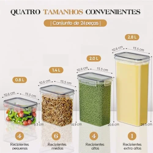 Potes Tampa Hermético Porta Alimentos Mantimentos Armário Cozinha (Kit 24)