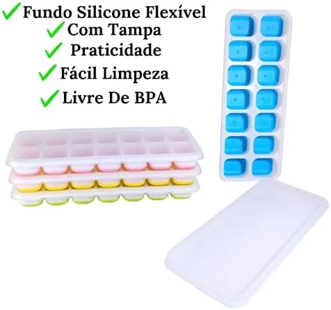 Kit 4 Unidades Forma Com Tampa Gelo Ice Flexivel Forminha Fundo Silicone 14 Cubos Alimentos Frutas Papinha