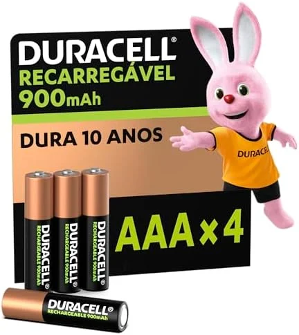 Duracell Pilha Recarregável AAA 900mAh Palito Com 4 Unidades – Ideal para Câmeras Digitais e Dispositivos de Alto Consumo