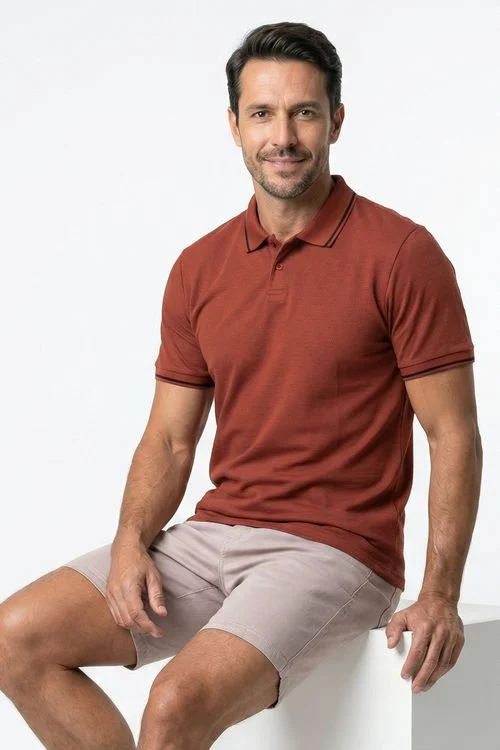 Polo Masculina Terracota Microtextura