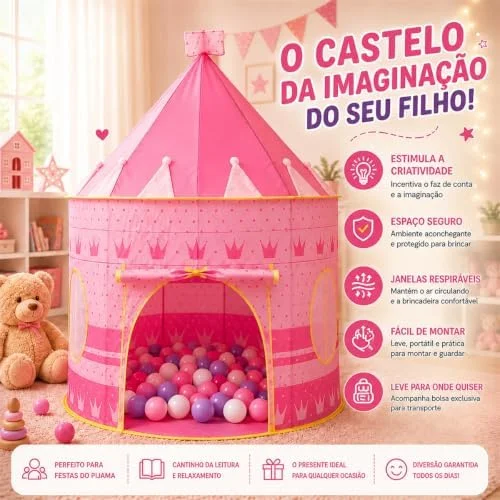 Barraca Infantil Cabana e Castelo da Princesa Rosa | Dobrável, Para Menina, Tenda Cabaninha