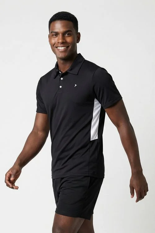 Polo Esportiva Masculina Preto e Branco Recortes Laterais