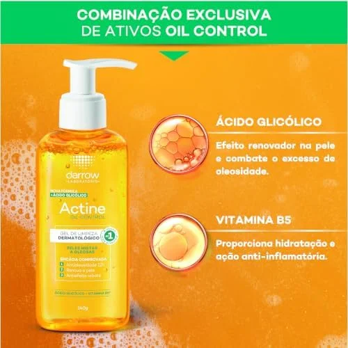 Darrow Actine Oil Control Kit Gel de Limpeza Dermatológico Facial com Ácido Glicólico e Vitamina B5 que Controla Oleosidade sem efeito rebote, Renova a Pele e Reduz Poros, 140g + 40g