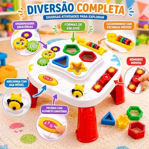 Mesinha Didática Infantil com Atividades – Brinquedo Educativo Sensorial com Formas de Encaixe, Engrenagens e Som – Coordenação Motora 12 Meses+