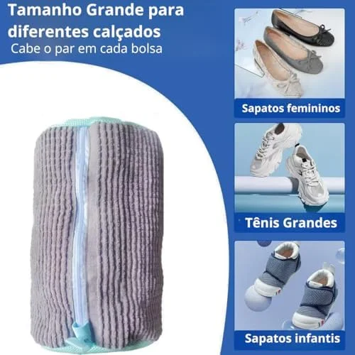 Kit 2 Sacos de Lavagem para Calçados, Par Protetor de Tênis para Máquina de Lavar, Macio, Lavagem 360 Graus, Tamanho Grande para Tênis e Sapatos Diversos