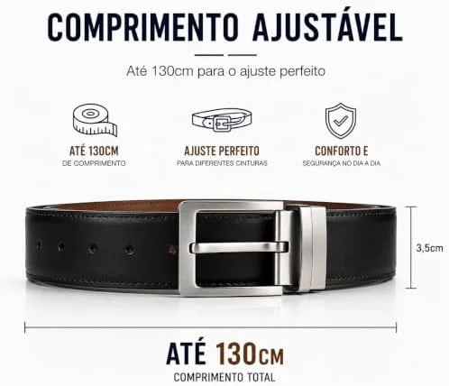 Cinto Social Masculino Dupla Face Preto e Café em Couro Sintético | Ajustável, Elegante, Fivela Reversível | Cinto Masculino Social e Casual