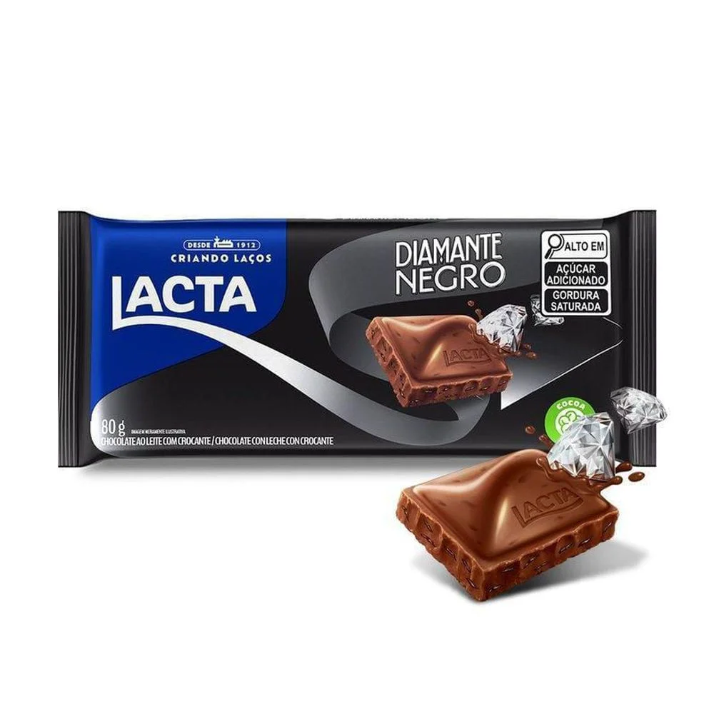 Chocolate ao Leite Lacta Diamante Negro 80g Barra com Crocantes Chocolate ao Leite Diamante Negro 80g