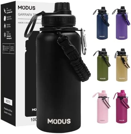 950mL Garrafa Térmica Aço Inoxidável Com Alça Paracord (Preto)
