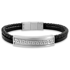Bracelete Couro Preto Trançado com Placa Espelhada Trabalhada
