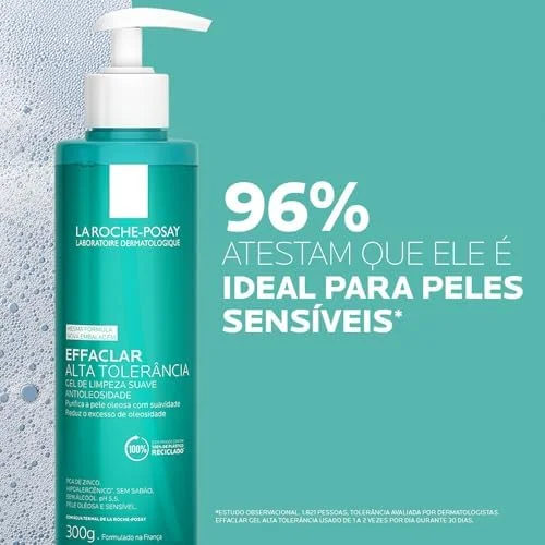 La Roche-posay Effaclar Gel Alta Tolerância. Limpeza Facial. Limpa a Pele Suavemente Reduzindo a Oleosidade e Eliminando o Brilho. Pele Oleosa e Sensível. Caprylyl Glycol, Glicerina, PCA de Zinco.