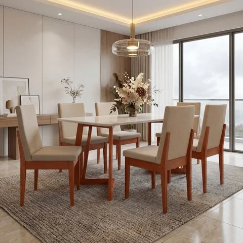 Conjunto Mesa com Vidro Pés Madeira Maciça 6 Cadeiras Madeira Dakota Tecido A40 Marrom/Caramelo